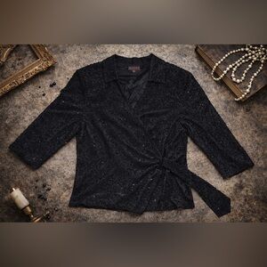 Vintage MARINA Black Beaded Sequin Evening Wrap Formal Cocktail Blouse Top